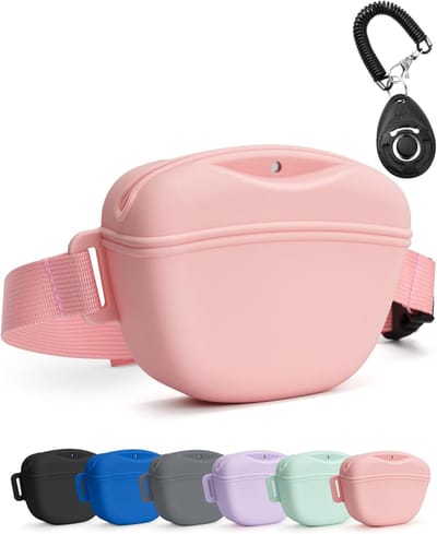 Hondensnoepzakje met trainingsclicker, verbeterde sterkere magnetische sluiting om morsen te voorkomen, 1,67 cup siliconen traktatiezak, heuptasje met heupriem voor huisdiertraining en wandelen, roze