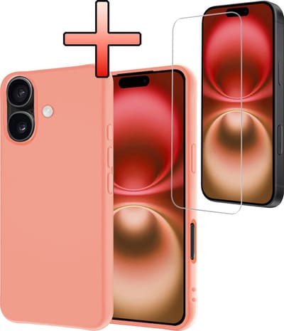 Hoesje - Met Screenprotector - Geschikt voor Apple iPhone 16 - Sterk & Shockproof - Back Cover - Siliconen Case - Telefoon Hoes - Perzik