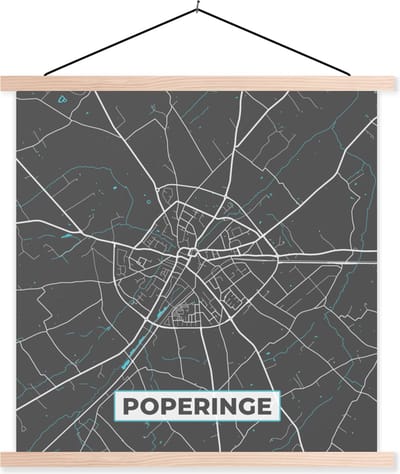 Posterhanger incl. Poster 40x40 cm - Schoolplaat - Stadskaart – Grijs - Kaart – Poperinge – België – Plattegrond - Textielposter - Blanke latten - Stadskaart