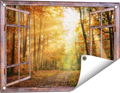 Gards Tuinposter Doorkijk Herfstbos met Zonneschijn - 60x40 cm - Tuindoek - Tuindecoratie - Wanddecoratie buiten - Tuinschilderij