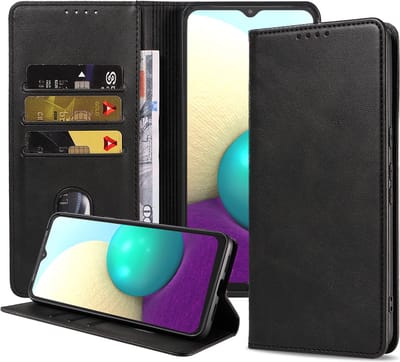 Smartphonica Samsung Galaxy A02 kunstleren hoesje met magnetische sluiting en pashouders book case - zwart geschikt voor Samsung Galaxy A02