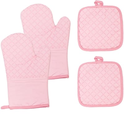 Keukenovenhandschoenen en -rand - Set van 4 katoenen ovenhandschoenen en -randmatten met antislip siliconen lange armen - Roze