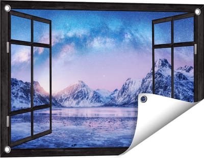 Gards Tuinposter Doorkijk Melkweg bij de Besneeuwde bergen - 60x40 cm - Tuindoek - Tuindecoratie - Wanddecoratie buiten - Tuinschilderij
