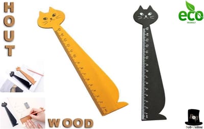 Bob Online ™ - 2 Stuks – Zwart + Hout Kleur – Kat Vorm Houten Boekenlegger – Kat Bladwijzer – Bladwijzerliniaal 15cm – Kantoor Gereedschap – Cat Wooden Bookmark & Ruler in one – Boekenlegger Hout – Vintage Houten Liniaal Bladwijzer