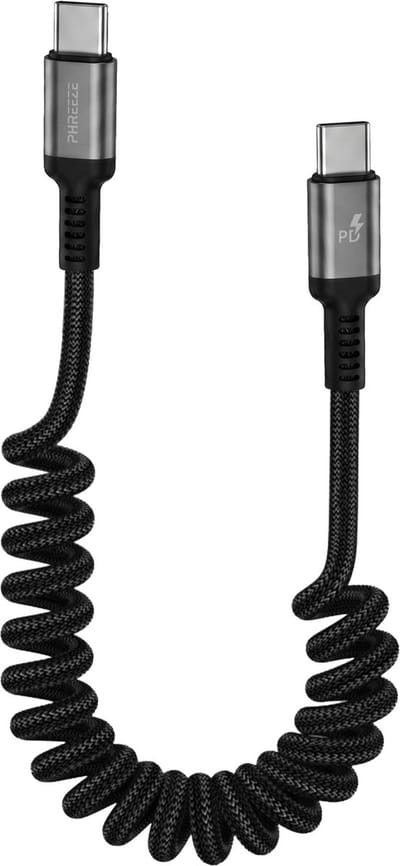 Phreeze USB C kabel Uitrekbaar CarPlay 60W 1M Nylon Fast Charge Zwart - USB-C Kabel geschikt voor Apple CarPlay & Android Auto - USB C naar USB C - 60W USB kabel - Krulsnoer - Spiraalsnoer - Uitrekbare USB C kabel - Datakabel USB C