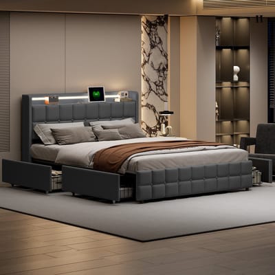 Gestoffeerd bed tweepersoonsbed 160x200 cm | Opbergbed met LED-verlichting en USB-poorten, 4 uittrekbare laden & lattenbodem, Linnen grijs, bedframe zonder matras