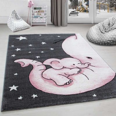 Kinderkamerkleed met olifant en sterren, grijs-wit-roze 120x170 cm