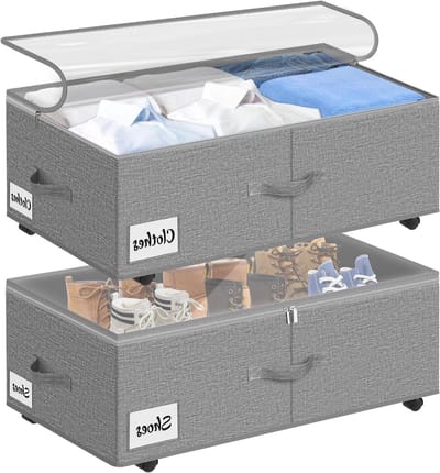 Opbergbak voor Onderbed met Wielen, 360° Rotatie, XXL 60 L, Transparante Deksel, Snel Te Monteren, Ideaal voor Dekens, Kleding en Schoenen, Grijs
