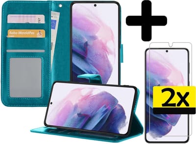 Hoesje - Met 2x Screenprotector - Geschikt voor Samsung Galaxy S21 - Luxe Pasjeshouder - Bookcase Portemonee - Flip Case - Kunstleer Book Case - Flipcase Hoes - Book Cover - Walletcase - Portemonneehoes - Telefoonhoesjes - Turquoise