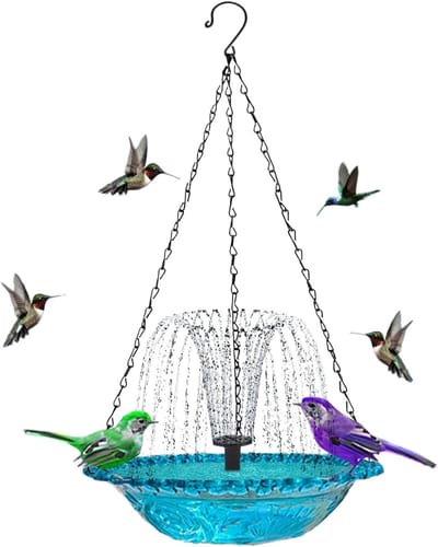 Vogelbad op voet-waterschaal voor vogels buiten-Op zonne-energie werkende vogelbadfontein - Hangend kolibriebad voor in de tuin - Vogeldouche met 7 sproeiers - Geschikt voor gazons - Blauw - 23,5 x 46 cm