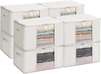 Opbergtas van katoenmix met ritssluiting en doorzichtig venster voor seizoenskleding en beddengoed, 60 x 40 x 35 cm, 8 stuks, beige