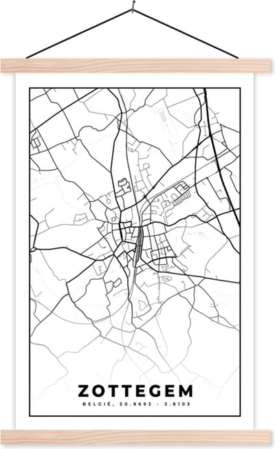 Posterhanger incl. Poster 40x60 cm - Schoolplaat - Zwart Wit – België – Plattegrond – Stadskaart – Kaart – Zottegem - Textielposter - Blanke latten - Stadskaart