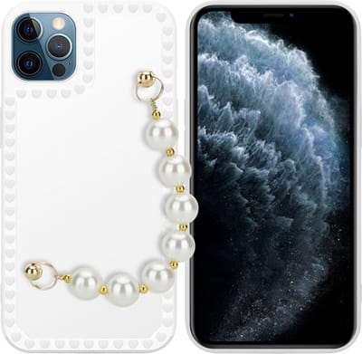 Cadorabo Hoesje geschikt voor Apple iPhone 12 PRO MAX in Wit met parels - Beschermhoes van flexibel TPU silicone Case Cover met polsketting