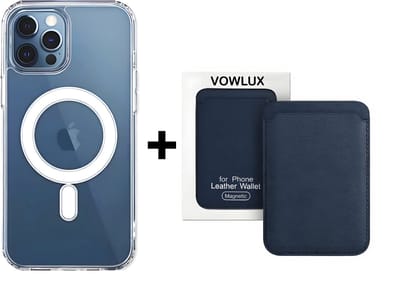 VOWLUX Compatible MagSafe Hoesje voor iPhone 16 Pro Transparant – Inclusief Blauwe Wallet Pasjeshouder – 24 Magneten – Kunstleer – 3 Kaarten – Shockproof Case