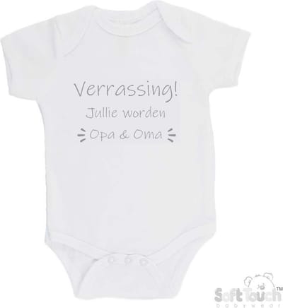 100% katoenen Romper "Verrassing! Jullie worden Opa & Oma" Unisex Katoen Wit/grijs Maat 62/68