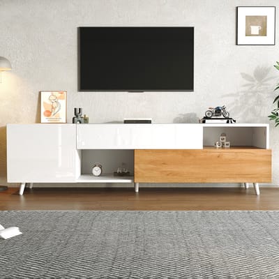 Pugsdrly TV-meubel 180*38*50 cm, laag meubel met onderdeur en 1 lade, TV-meubel met 7 opbergvakken, glanzend TV-meubel, tv-tafel, woonkamercommode, geschikt voor tv's van ongeveer 75 inch