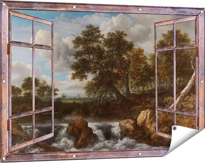 Gards Tuinposter Doorkijk Landschap met Waterval - Jacob van Ruisdael - 120x80 cm - Tuindoek - Tuindecoratie - Wanddecoratie buiten - Tuinschilderij