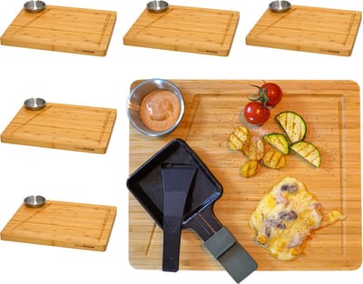 Raclette Bordenset voor 6 Personen - 30 x 25 cm Racletteplankjes van Hout met Dipschaal - Bamboe