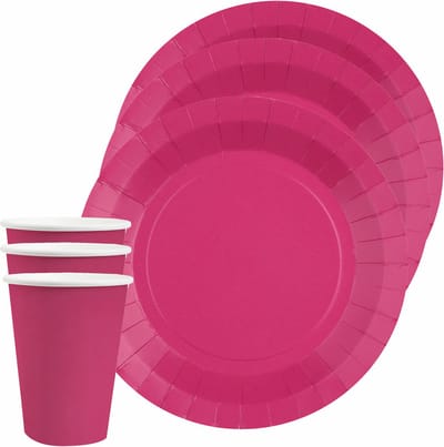 Santex feest/verjaardag servies set - 10x bordjes en bekertjes - fuchsia roze - karton