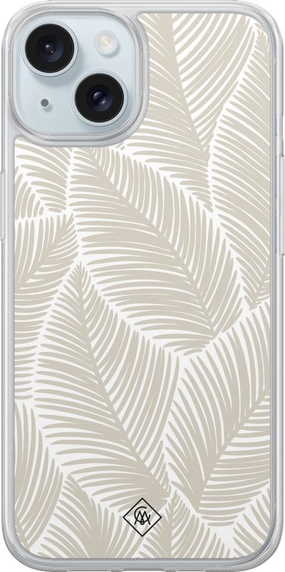 Casimoda® hoesje - Geschikt voor iPhone 14 - Palmy Leaves Beige - 2-in-1 case - Schokbestendig - Natuur - Verhoogde randen - Goudkleurig, Transparant