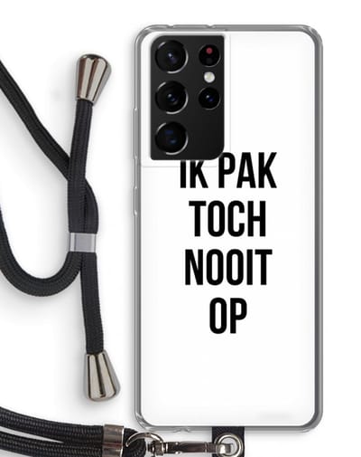 Case Company® - Hoesje met koord geschikt voor Samsung Galaxy S21 Ultra hoesje met Koord - Ik pak nooit op - Telefoonhoesje met Zwart Koord - Bescherming aan alle Kanten en Over de Schermrand