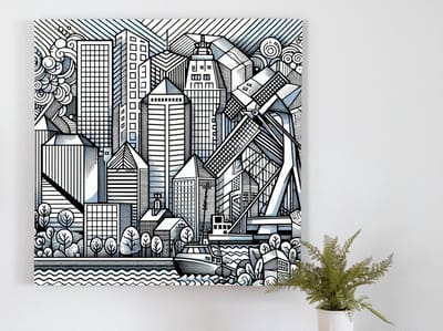 Doodle rotterdam schilderij | Rotterdamse lappendeken van creativiteit en verbeeldingskracht: Stadsgekriebel in kunst | Kunst - 100x100 centimeter op Forex | Foto op Forex