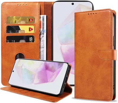 Geschikt voor Samsung Galaxy A35 Telefoonhoesje Kunstleer met Magnetisch lipje en Pasjeshouder Book Case met Klepje - Bruin - Smartphonica geschikt voor Samsung Galaxy A35