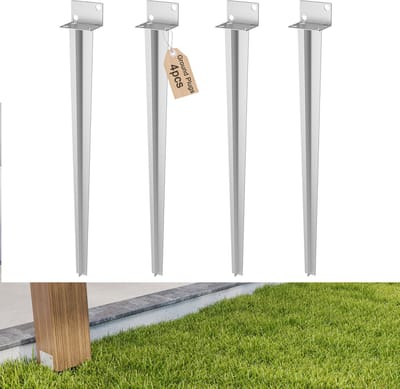 Set van 4 paalsteunen voor houten palen 60 x 700 mm Slaghulp voor grondhuls Slaghuls met lange punt voor hekken en tuinprojecten Slaggrondhuls Grondhuls zilver