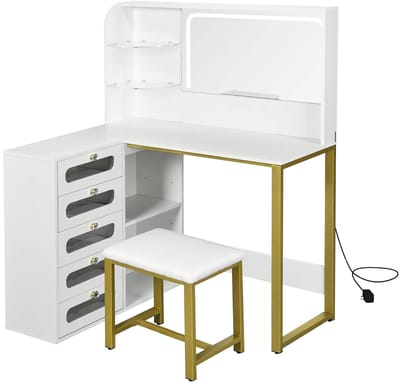 D&A Make up tafel - Kaptafel - Make up tafel met spiegel - Make up stoel - Kaptafel met spiegel - 120 x 80 x 135 cm - Wit