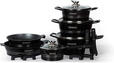 Royalty Line Pannenset Inductie - 14-Delige Pannenset Met Marmeren Coating - Pannenset Inductie Koudgrepen - Oven-Ready - PFAS-Vrij - Voor Alle Warmtebronnen - Afneembare Koudgrepen - Antiaanbaklaag - Koekenpan Met Glazen Deksels - Zwart