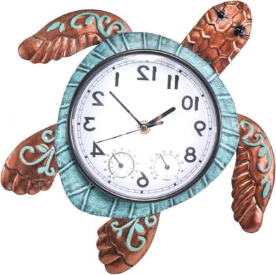 Buitenklok Schildpad - Wandklok Decoratief - Tuin Weergeven - Met Thermometer - 13 Inch - Bruin