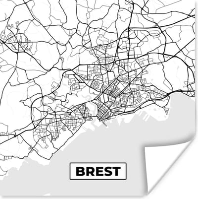 Poster Kaart - Brest - Plattegrond - Frankrijk - Stadskaart - Zwart wit - 100x100 cm XXL