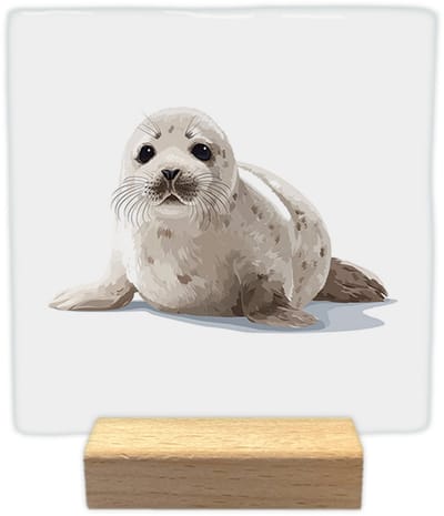 Zeehond - Keramische decoratie tegel - incl. houten presenteerblok