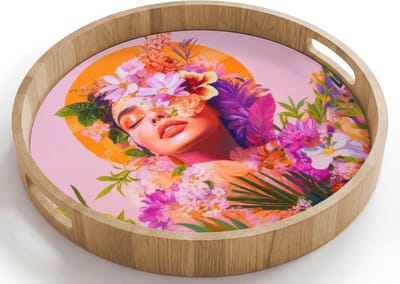 Dienblad rond 40x40 cm - Schootdienblad hout - Vrouw - Abstract - Cirkel - Bloemen - Borrelplank rechthoek - Plateau houten dienbladen