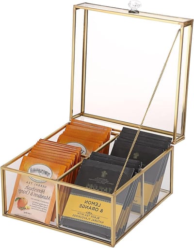 Moderne Glazen Theezakjes Organizer met 4 Compartimenten - Decoratieve Opslagdoos voor Thee, Koffie en Sieraden