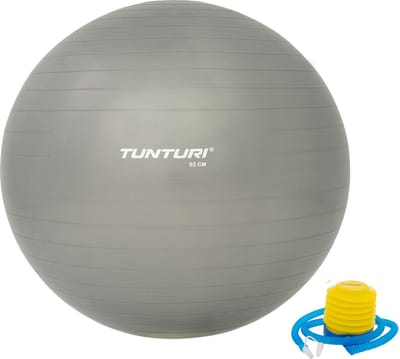 Tunturi Anti Burst Fitness bal met Pomp - Yoga bal 65 cm - Pilates bal - Zwangerschapsbal – 220 kg gebruikersgewicht - Incl Trainingsapp – Zilver