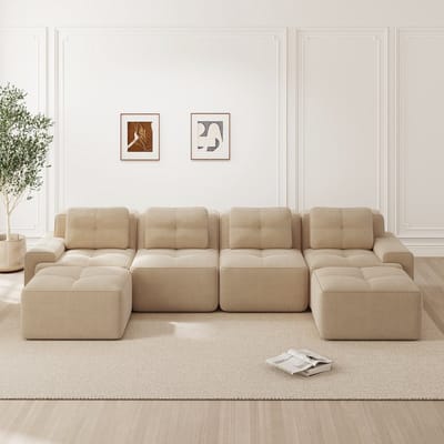 Woonkamer 4-zits bank - modulaire U-vormige chaise longue bank - corduroy wolkenbank - geen montage nodig - antislip ontwerp - beige