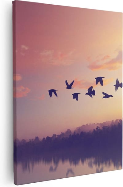 Artaza Canvas Schilderij Vogels - 80x100 cm - Groot - Wanddecoratie Zonsondergang - Muurdecoratie Meer - Schilderijen Op Canvas