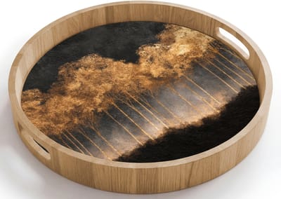 Dienblad rond 40x40 cm - Schootdienblad hout - Gouden Bomen in Mistig Landschap - Borrelplank rechthoek - Plateau houten dienbladen