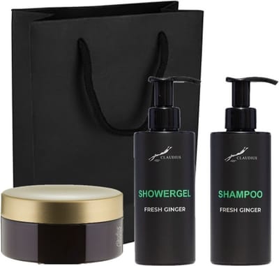 Douchepakket Fresh Ginger - Showergel + Shampoo + Scrubzout 300 gram - 300 ml per fles - set van 3 stuks - met luxe gift tas - cadeau - giftset voor hem en haar