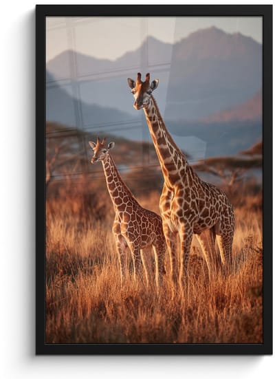 Poster in lijst - Fotolijst 40x60 cm - Posters - Giraffen - Hoog gras - Acaciabomen - Posterlijst zwart - Decoratie - Wanddecoratie woonkamer - Muurdecoratie slaapkamer