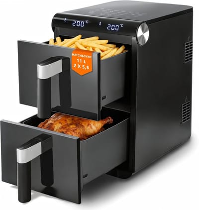 Glitzerlife - Heteluchtfriteuse - Dual-Zone Dual-Chamber 11L Heteluchtfriteuse - 13-in-1 2800W - Touchscreen Timer en Temperatuurregeling - Zwart - Huishoudelijke Heteluchtfriteuse voor Dagelijks Koken