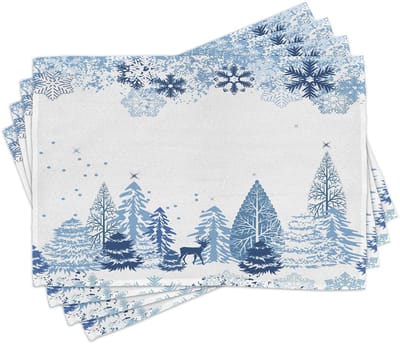 ABAKUHAUS Winterse placemats, wintertafereel met reeën, bevroren bomen en sneeuw, kerstdennen; tafeldecoratie van kleurvast stof voor eetkamer en keuken, wit en blauw