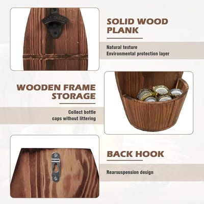 Vintage houten wandflesopener met opvangbak, perfect als cadeau voor bierliefhebbers en voor in de bar of keuken