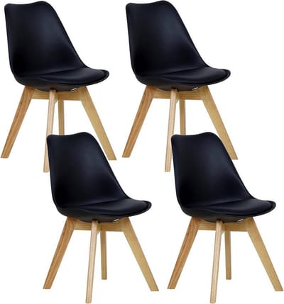 BukkitBow - Eetkamerstoelen Houten Frame met Retro Stijl - Gewatteerd Zitting met Kussen - Set van 4 Stuks - Zwart