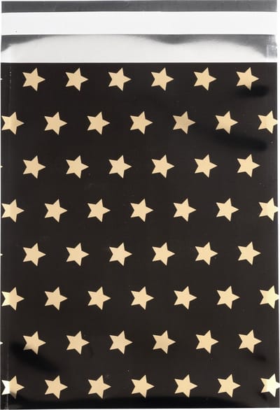 Cadeauzakjes plastic, stars, 18x23,5+3cm ZWART/GOUD (50 stuks)
