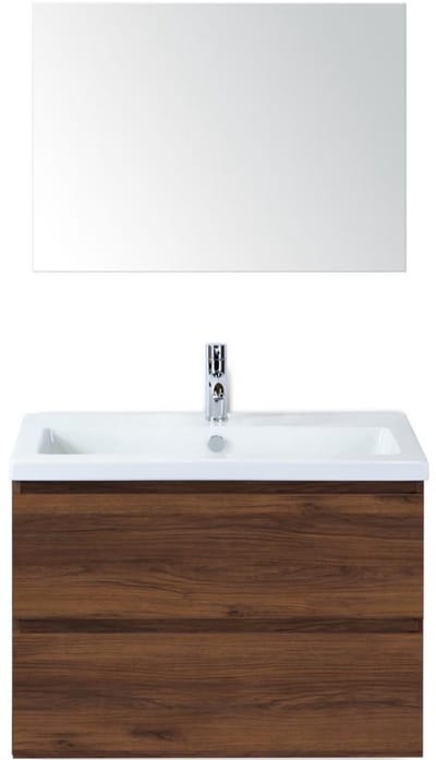 Vogue Badmeubelset 80 cm - Greeplijst in Kleur - Walnoot - Keramische Wastafel Wit 1 Kraangat met Spiegel