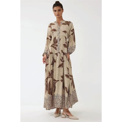 Gedrukte Lange Mouwen Viscose Maxi Jurk