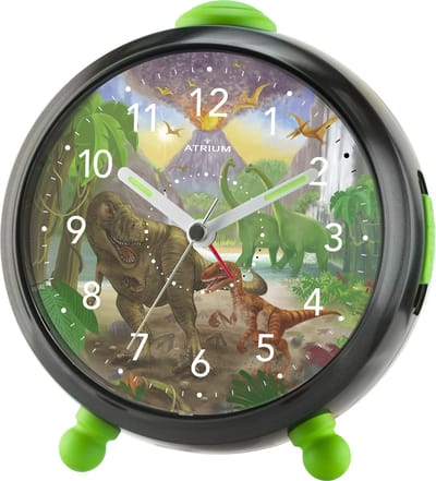 ATRIUM Wekker - Kinderen - Dino - Meisjes - Jongens - Analoog - T-Rex - Groen / Zwart - Zonder tikgeluid - Snooze - Licht/ wijzerplaatverlichting - Glow in the dark wijzers - Grote knoppen - Wekkers Slaapkamer - A932-4
