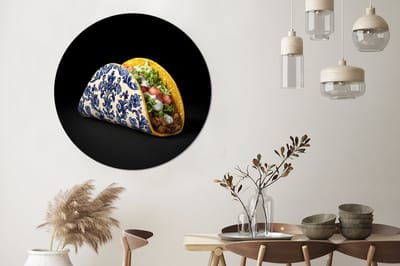 WallCircle - Wandcirkel - Muurcirkel - Taco - Vlees - Salade - Delftsblauw - Motief - Aluminium - Dibond - 120x120 cm - Binnen en Buiten XXL